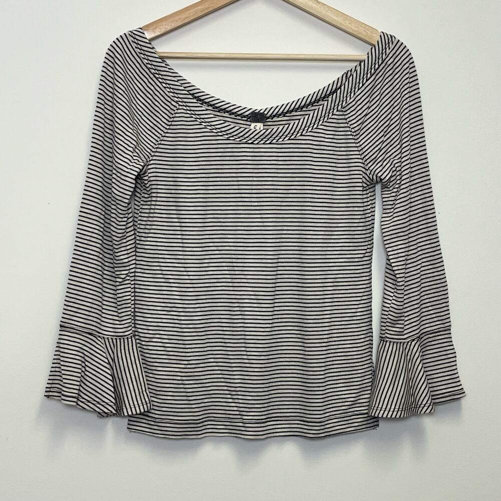 We the Free Boat Neck Ruffle Sleeve Striped Top Large